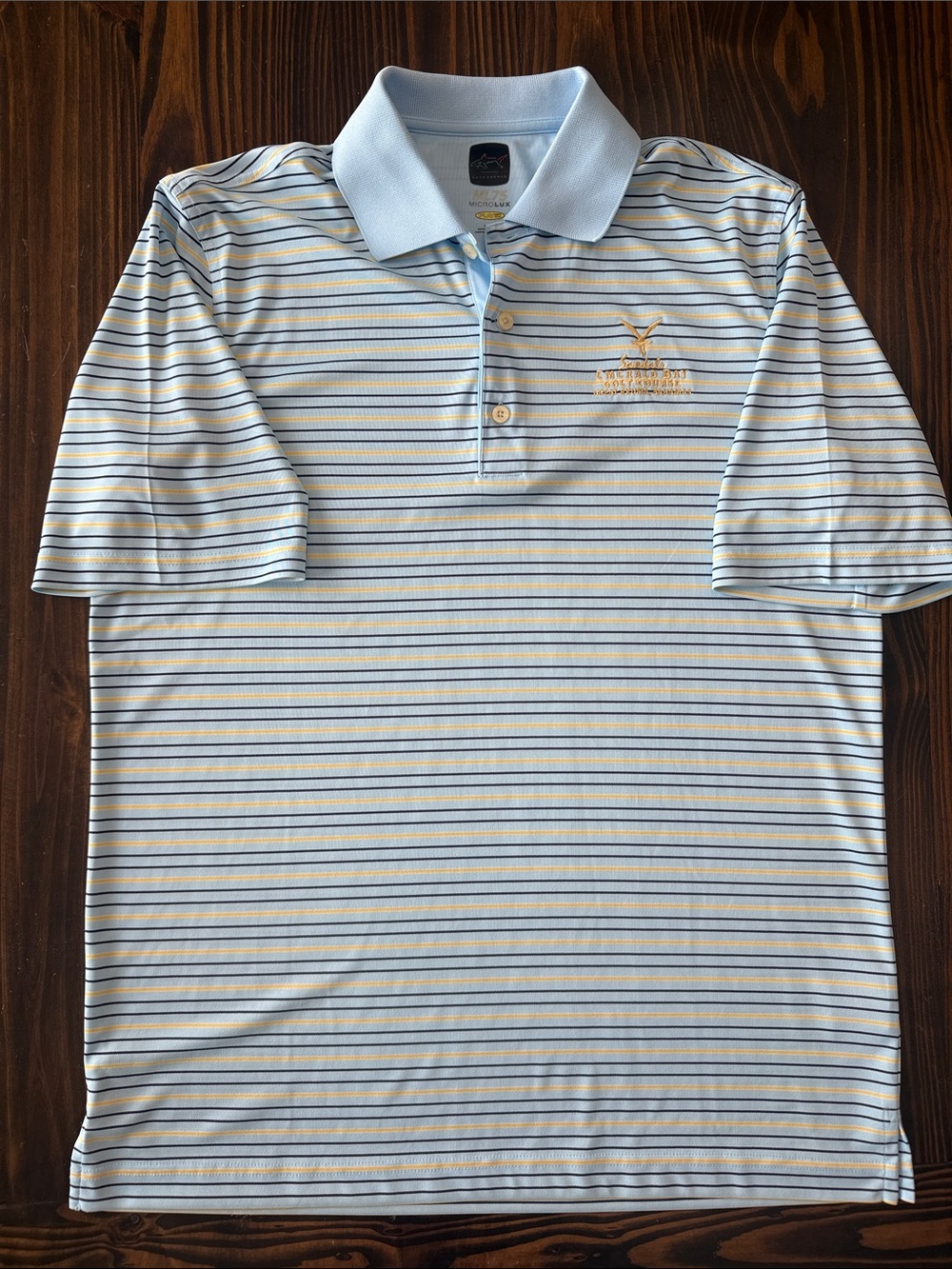 Greg Norman Sandals Exuma Bahamas Blue Yellow Striped Men's Polo Medium Golf